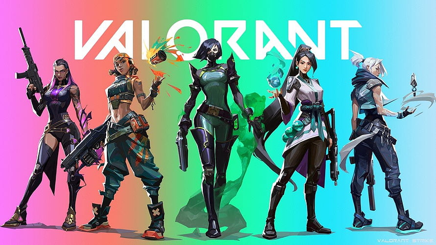 Five Valorant Agents Standing in a Row Against a Vibrant Gradient Background HD wallpaper