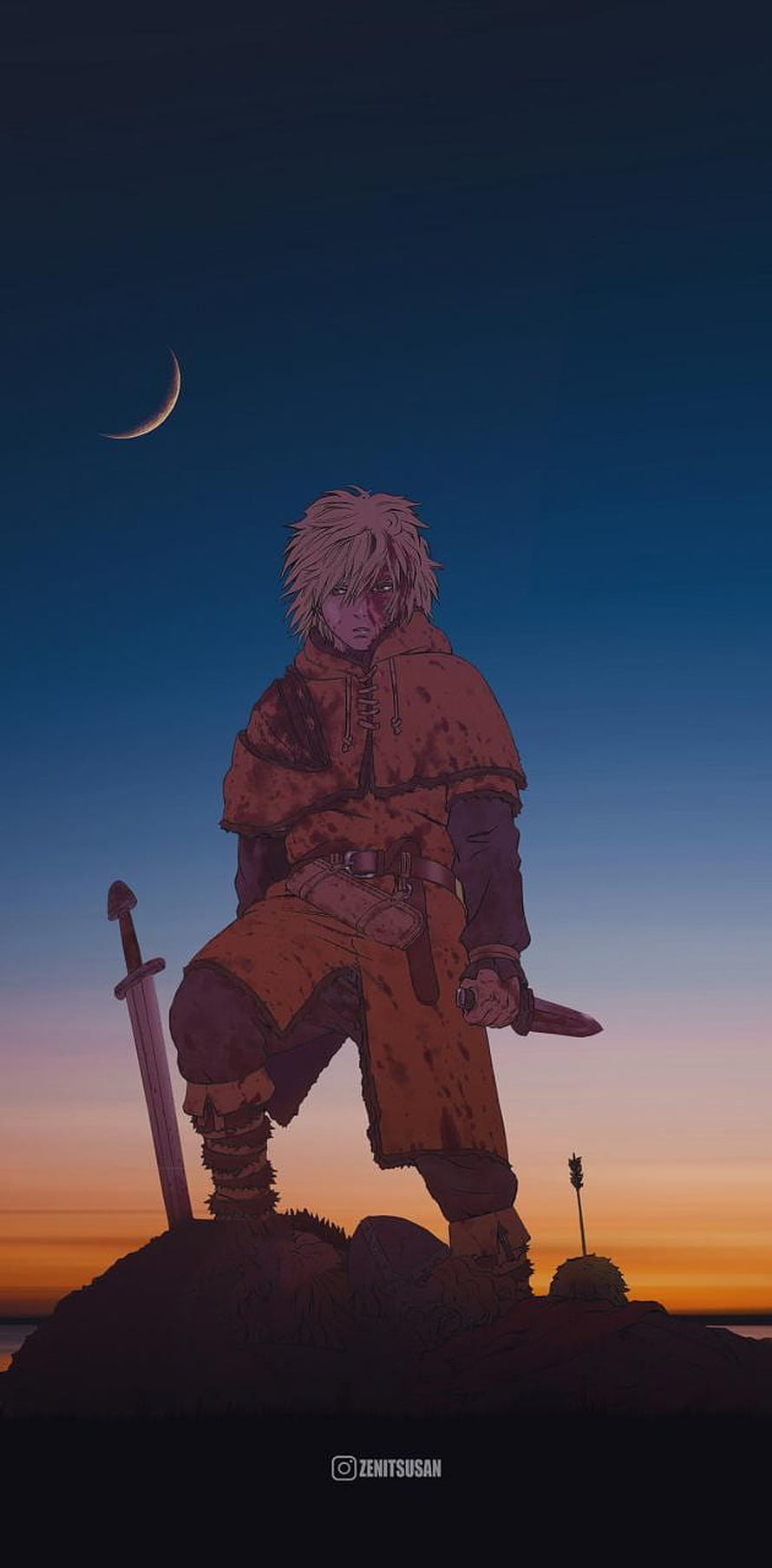 Vinland Saga anime warrior standing on a hill at dusk with a sword and crescent moon HD phone wallpaper
