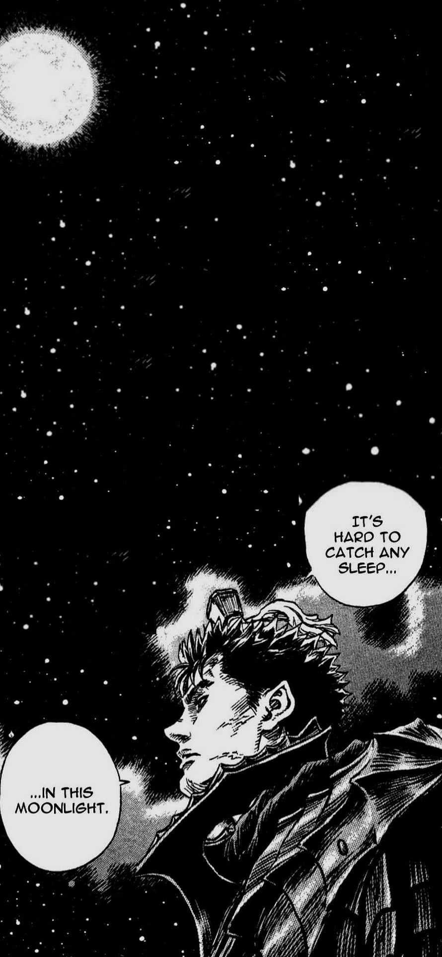 Guts from Berserk manga panel gazing at the moon under a starry night sky HD phone wallpaper