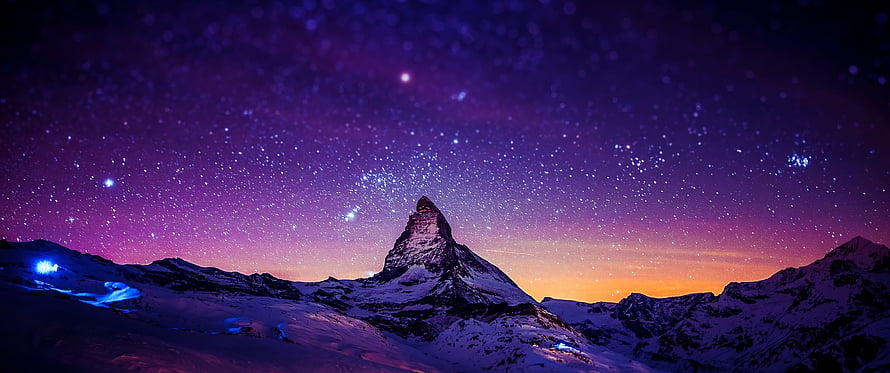 Matterhorn Mountain Under Starry Night Sky With Purple Aurora And Snowy Peaks HD wallpaper