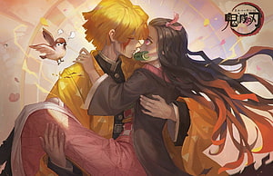 Demon Slayer: Zenitsu and Nezuko in an Intimate Embrace with a Small Bird HD wallpaper