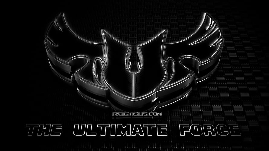 ASUS ROG Gaming Logo with The Ultimate Force Tagline on Dark Grid Background HD wallpaper