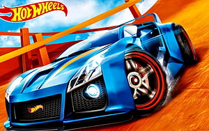 Hot Wheels Blue Sports Car Racing on Orange Track with Red Rims HD wallpaper