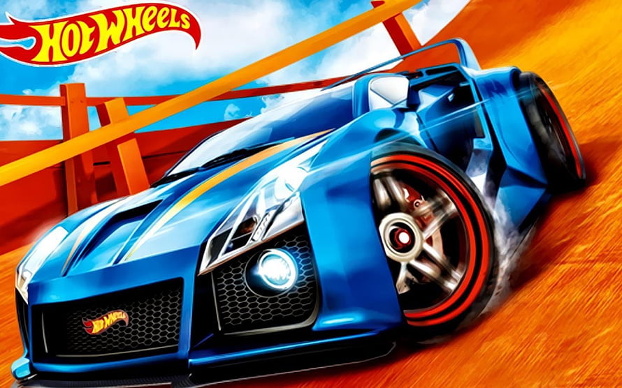 Hot Wheels Blue Sports Car Racing on Orange Track with Red Rims HD wallpaper