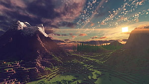 Minecraft Landscape Wallpaper Featuring Snowy Mountains, Rolling Hills, and a Dramatic Sunset Sky HD wallpaper