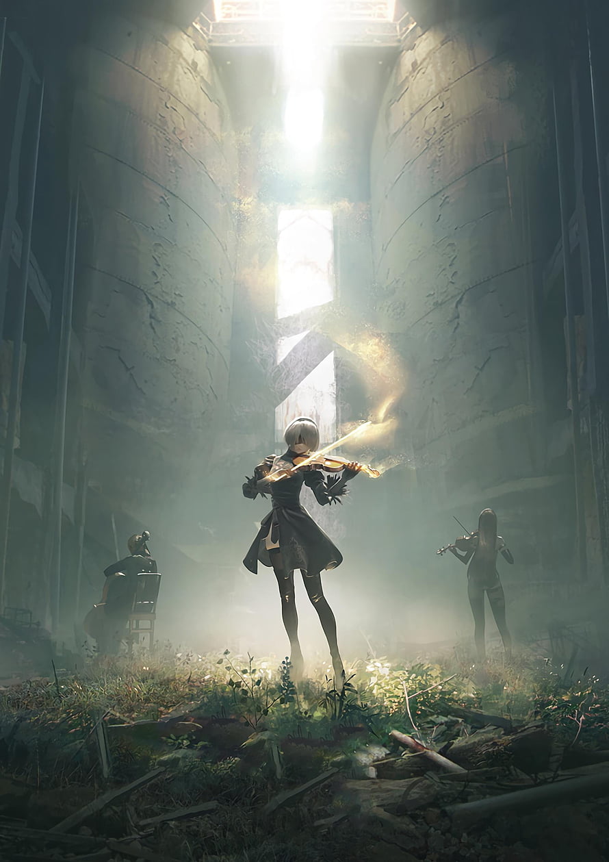 2B Playing Violin in Ruined Cathedral with Golden Light and Mist HD phone wallpaper