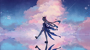 Sangonomiya Kokomi from Genshin Impact Standing in Dreamy Pastel Clouds HD wallpaper