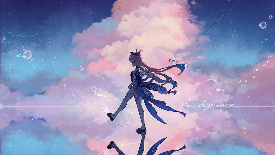 Sangonomiya Kokomi from Genshin Impact Standing in Dreamy Pastel Clouds HD wallpaper