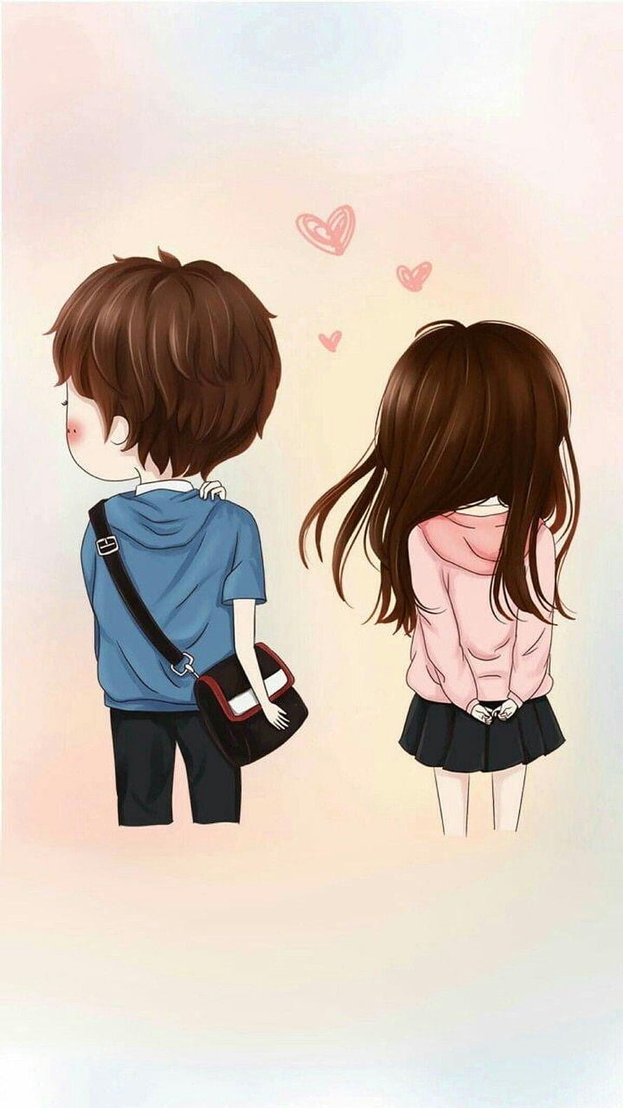 Cute Anime Couple Back View With Hearts HD phone wallpaper