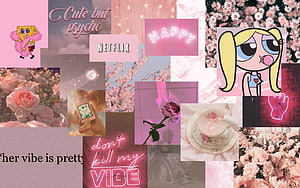 Pink Aesthetic Collage with Powerpuff Girls, SpongeBob, and Soft Romantic Vibes HD wallpaper