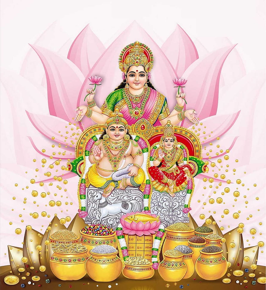 Lakshmi Ganesha and Saraswati with Gold Coins and Pots for Prosperity HD phone wallpaper