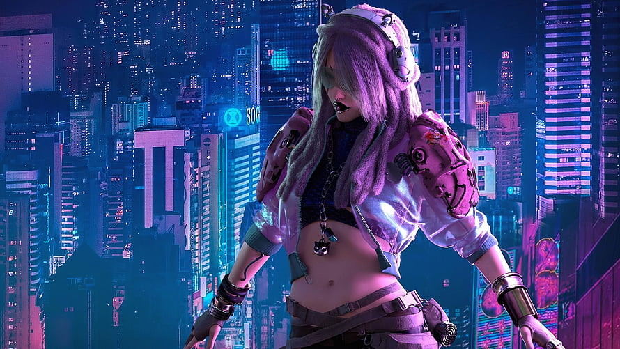 Cyberpunk Female Character in Neon Cityscape with Futuristic Techwear and Cybernetic Enhancements HD wallpaper