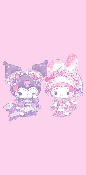 Cute Kuromi and My Melody in pastel pink and purple kawaii style with bows and hearts HD phone wallpaper