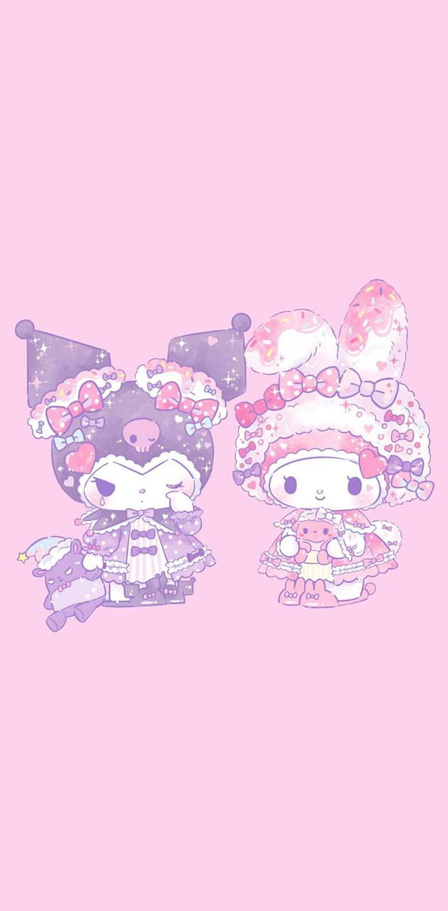 Cute Kuromi and My Melody in pastel pink and purple kawaii style with bows and hearts HD phone wallpaper