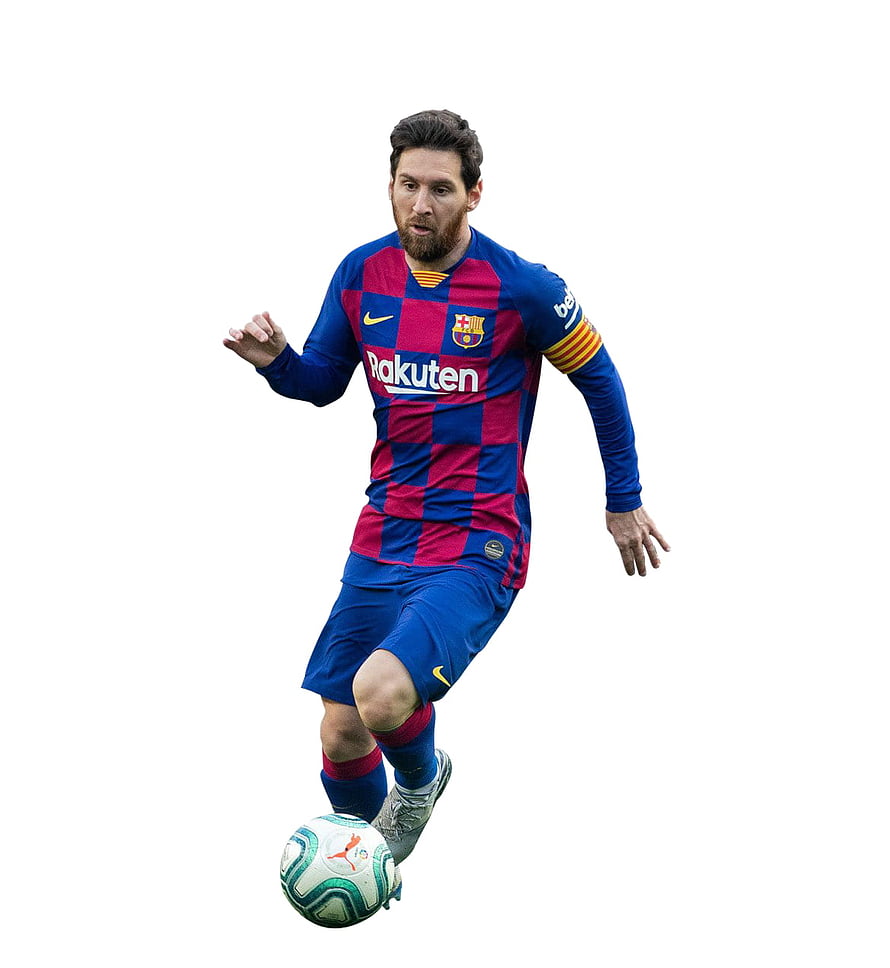 Lionel Messi in FC Barcelona Checkered Kit Dribbling a Soccer Ball on White Background HD phone wallpaper