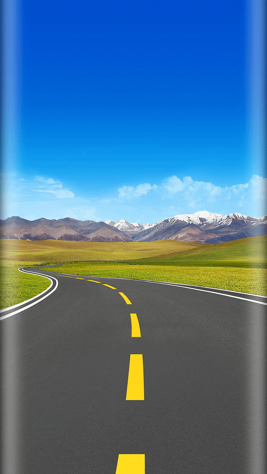 Winding Highway Through Green Meadows With Snow-Capped Mountains Under a Clear Blue Sky HD phone wallpaper