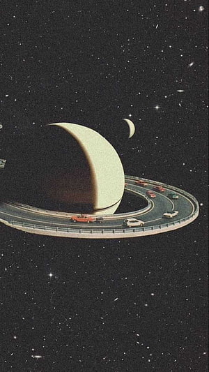 Retro Futurism Space Highway with Cars Orbiting a Giant Planet in Starry Void HD phone wallpaper