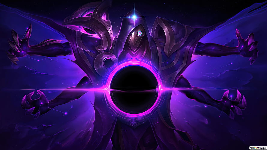 Jhin Dark Cosmic Skin Concept Art with Purple Void Energy and Black Hole Core HD wallpaper