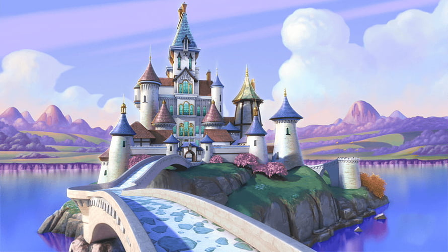 Sofia the First Royal Castle on a Lake Island with Stone Bridge and Purple Mountains HD wallpaper