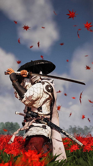 Samurai Warrior With Katana In Field Of Red Spider Lilies And Falling Maple Leaves HD phone wallpaper