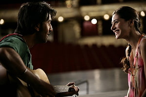 Ranbir Kapoor and Nargis Fakhri in a romantic scene from the film Rockstar HD wallpaper