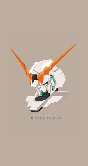 Minimalist Unicorn Gundam Head Illustration with Orange Horns on Beige Background HD phone wallpaper