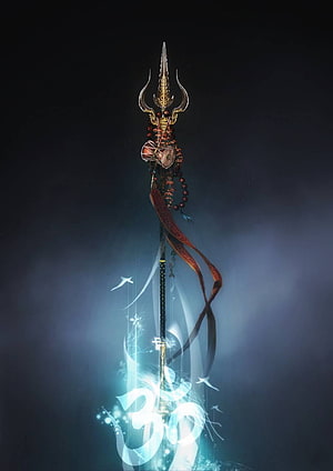 Mystical Trishula Trident with Glowing Om Symbol and Prayer Beads HD phone wallpaper