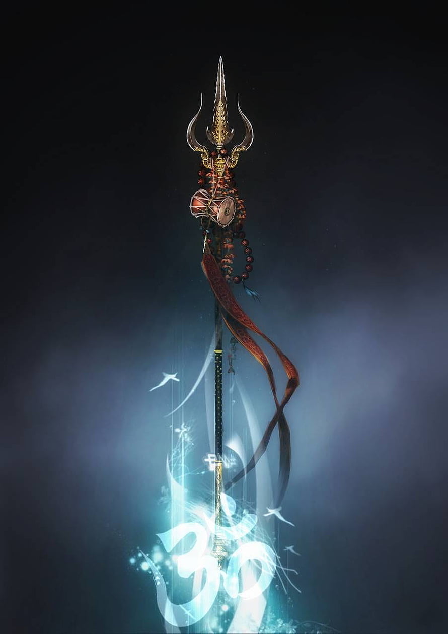 Mystical Trishula Trident with Glowing Om Symbol and Prayer Beads HD phone wallpaper