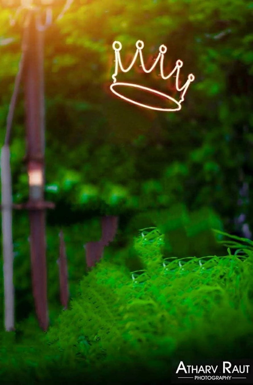 Glowing Neon Crown Outline Floating Above Lush Green Forest Foliage HD phone wallpaper