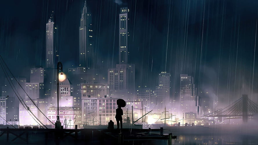 Lonely Figure With Umbrella On Rainy Pier Facing Illuminated City Skyline At Night HD wallpaper