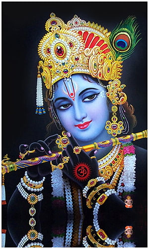 Sri Krishna Playing Flute with Ornate Crown and Peacock Feather HD phone wallpaper