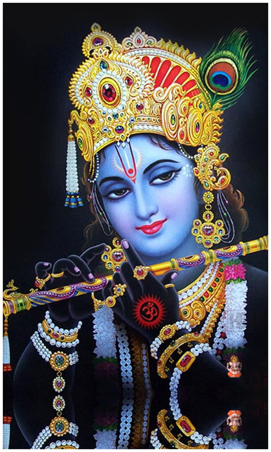 Sri Krishna Playing Flute with Ornate Crown and Peacock Feather HD phone wallpaper
