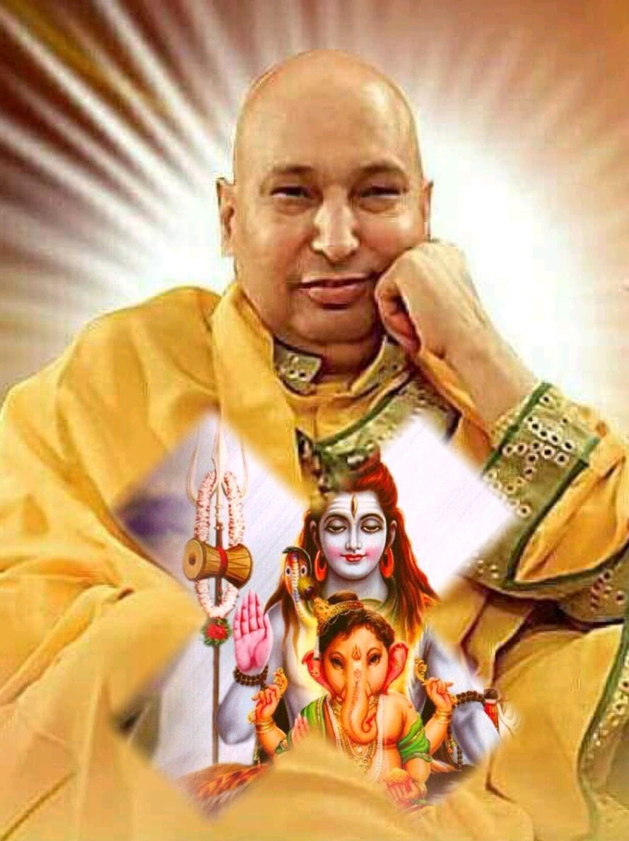 Portrait of a spiritual leader in yellow robes with Lord Shiva and Ganesha HD phone wallpaper