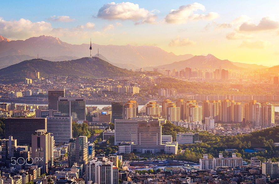 Seoul Cityscape at Golden Hour with Namsan Tower and Han River HD wallpaper