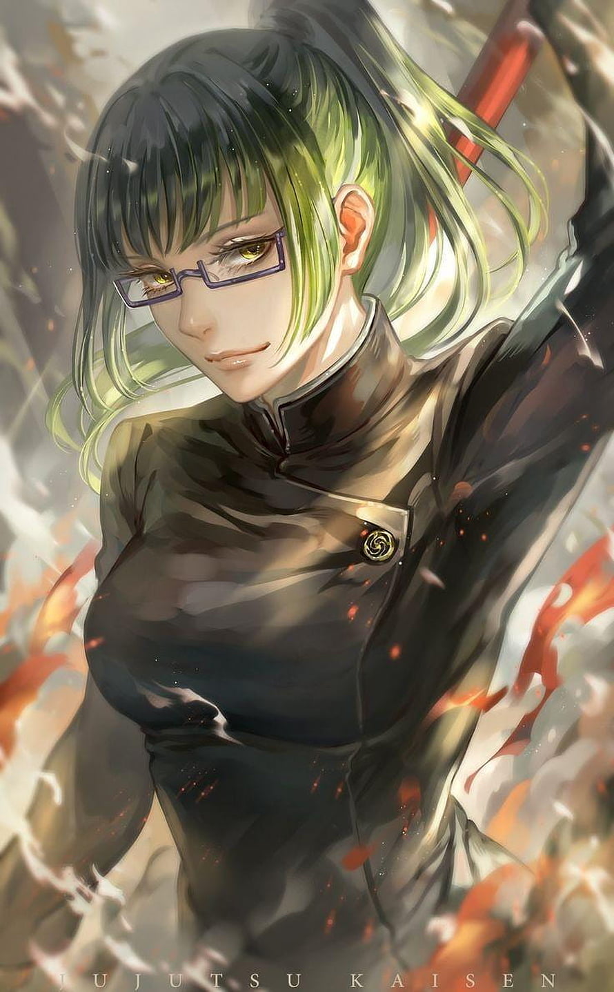 Maki Zenin from Jujutsu Kaisen in a dark uniform with green hair and glasses HD phone wallpaper