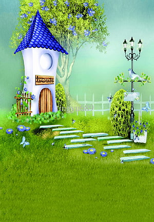 Whimsical Fairy Garden with Blue Roof Tower and Stone Path HD phone wallpaper