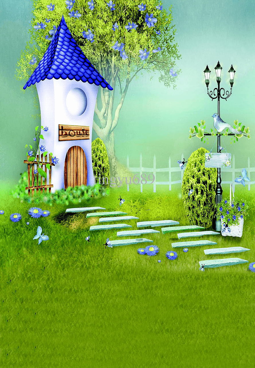 Whimsical Fairy Garden with Blue Roof Tower and Stone Path HD phone wallpaper