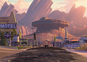 Radiator Springs Desert Townscape with Cozy Cone Motel and Monument Rock at Sunset HD wallpaper