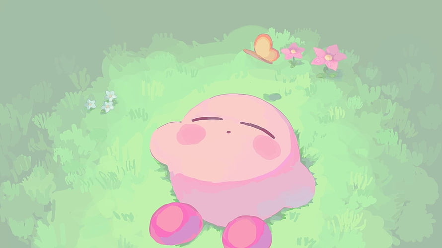 Cute Pink Kirby Sleeping Peacefully in a Lush Green Meadow with Flowers HD wallpaper