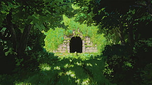 Enchanted Forest Ruins With Mossy Stone Archway And Sunlit Green Path HD wallpaper