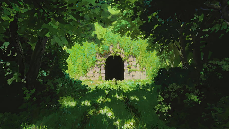 Enchanted Forest Ruins With Mossy Stone Archway And Sunlit Green Path HD wallpaper