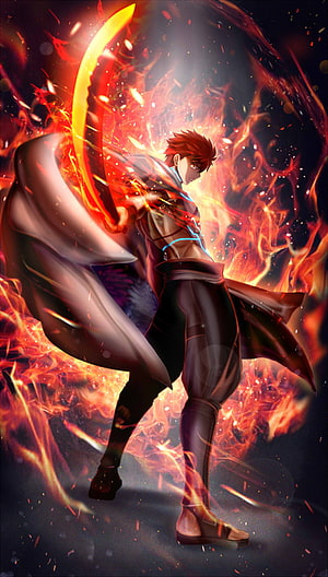Emiya Shirou Wielding Muramasa in a Fiery Inferno from Fate Grand Order HD phone wallpaper