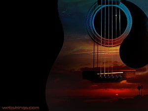 Acoustic Guitar Silhouette Over Dramatic Sunset Sky With Ocean Horizon HD wallpaper