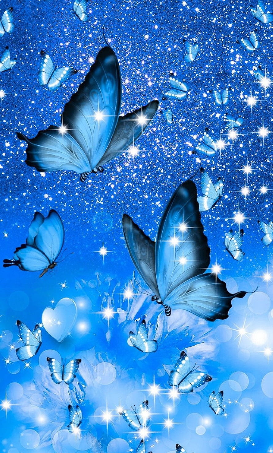 Magical Blue Butterflies Flying in a Sparkling Glittery Sky with Hearts HD phone wallpaper