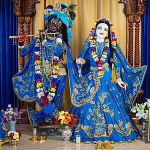 Radha Krishna idols in royal blue silk attire with gold embroidery and floral garlands HD phone wallpaper