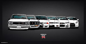 Nissan GT-R Generations Lineup: Skyline R34 and Classic Models in White HD wallpaper
