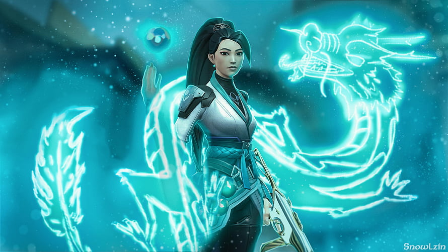 Valorant Sage Character Art with Glowing Dragon Aura and Cyan Energy Effects HD wallpaper