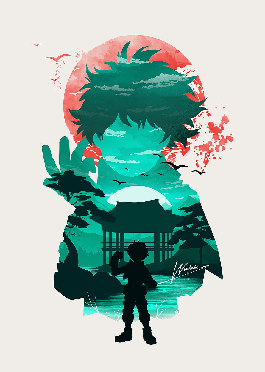 My Hero Academia Deku Double Exposure Artwork with Japanese Temple and Sunset HD phone wallpaper