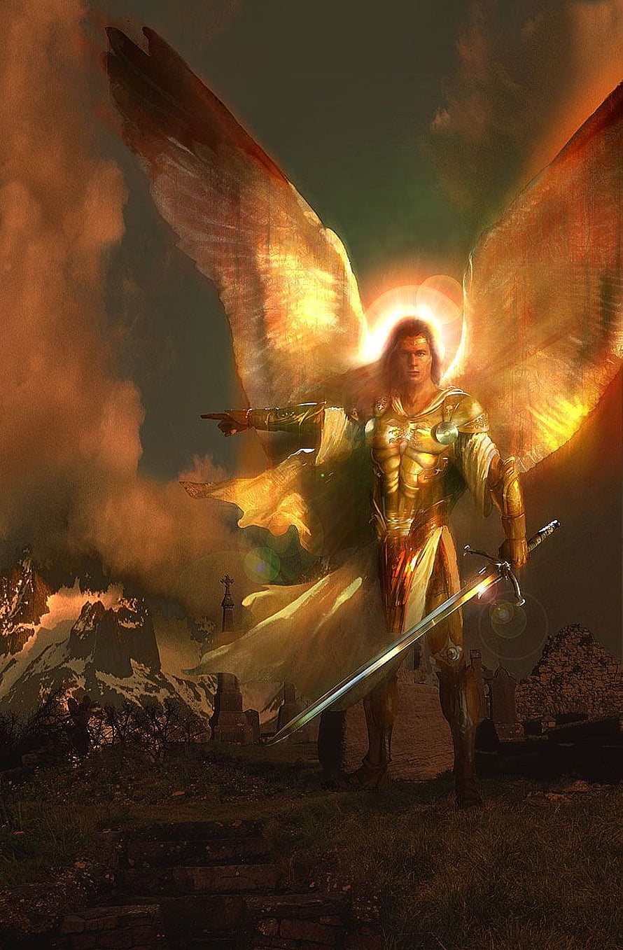 Saint Michael Archangel in Golden Armor with Glowing Wings and Sword HD phone wallpaper