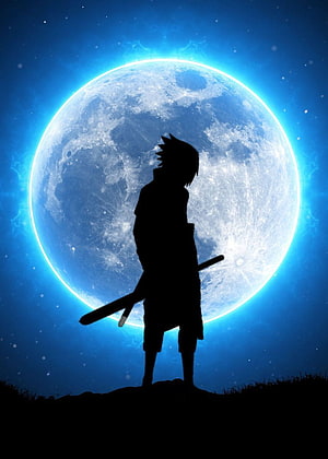 Silhouette of Naruto Uzumaki Standing Before a Giant Glowing Blue Moon HD phone wallpaper